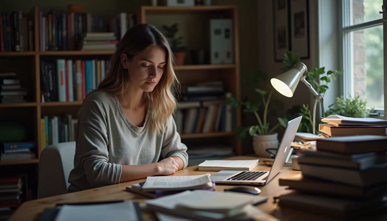 A woman in her 30s studies at a cluttered desk filled with books and notes, embodying a candid, everyday moment. Calm woman studying or working at home with books, notebooks, and laptop on a wooden desk in a cozy, well-lit room with bookshelf and plants.