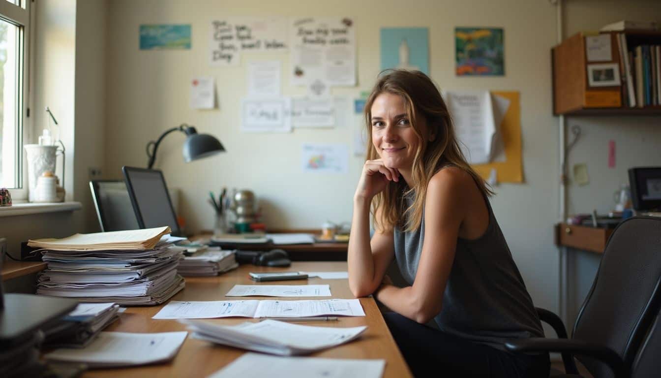 A candid snapshot of a lived-in therapy office showcasing a casual, busy work environment. Stacks of paperwork on a cluttered desk in an office space, with a smiling woman sitting among files, documents, and books, suggesting productivity, organization, and office work.