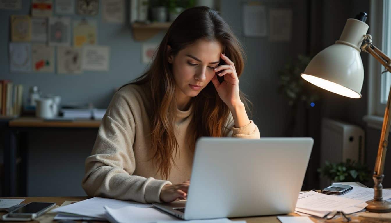 A woman in her late 20s types at a cluttered desk, balancing work while pursuing a career as a family therapist. Overwhelmed woman working at desk with laptop, surrounded by papers and smartphone, in a home office setting.