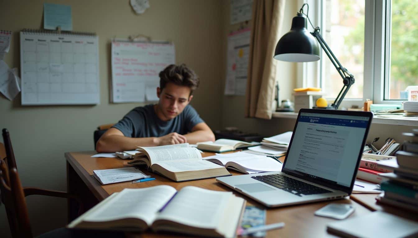 A cluttered study desk filled with textbooks, notes, and a laptop reflects a tired student's exam preparation. Multitasking student studying at desk with open books, laptop, and notes for academic success and effective learning.
