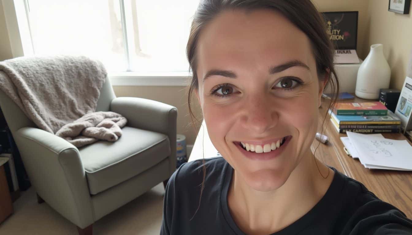 A cozy home office with scattered therapy books, a comfy chair, and a relaxed atmosphere captures everyday life. Beautiful woman smiling in a cozy home office with a comfortable armchair and window light.