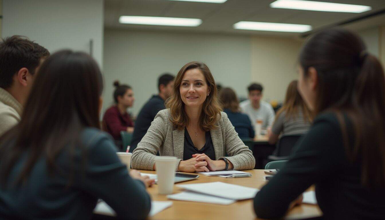 A casually dressed woman discusses career paths with engaged grad students in a cluttered university classroom. Business meeting with diverse team of young professionals listening to woman speaker at conference table in modern office setup.