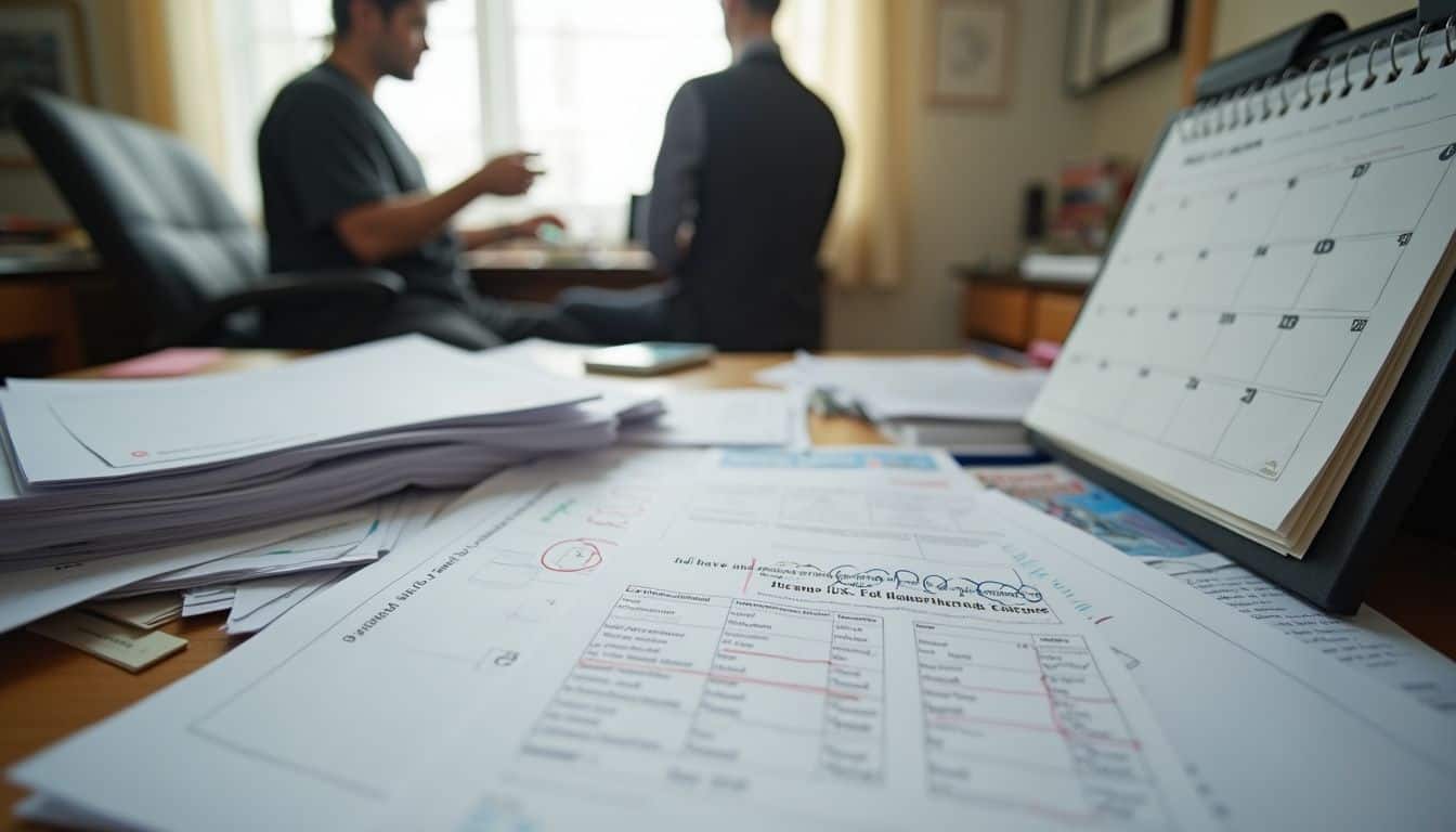 A cluttered desk with marriage and family therapy documents and a calendar reflects a busy, everyday work environment. Printable calendar with paperwork and documents on a desk during a business meeting.