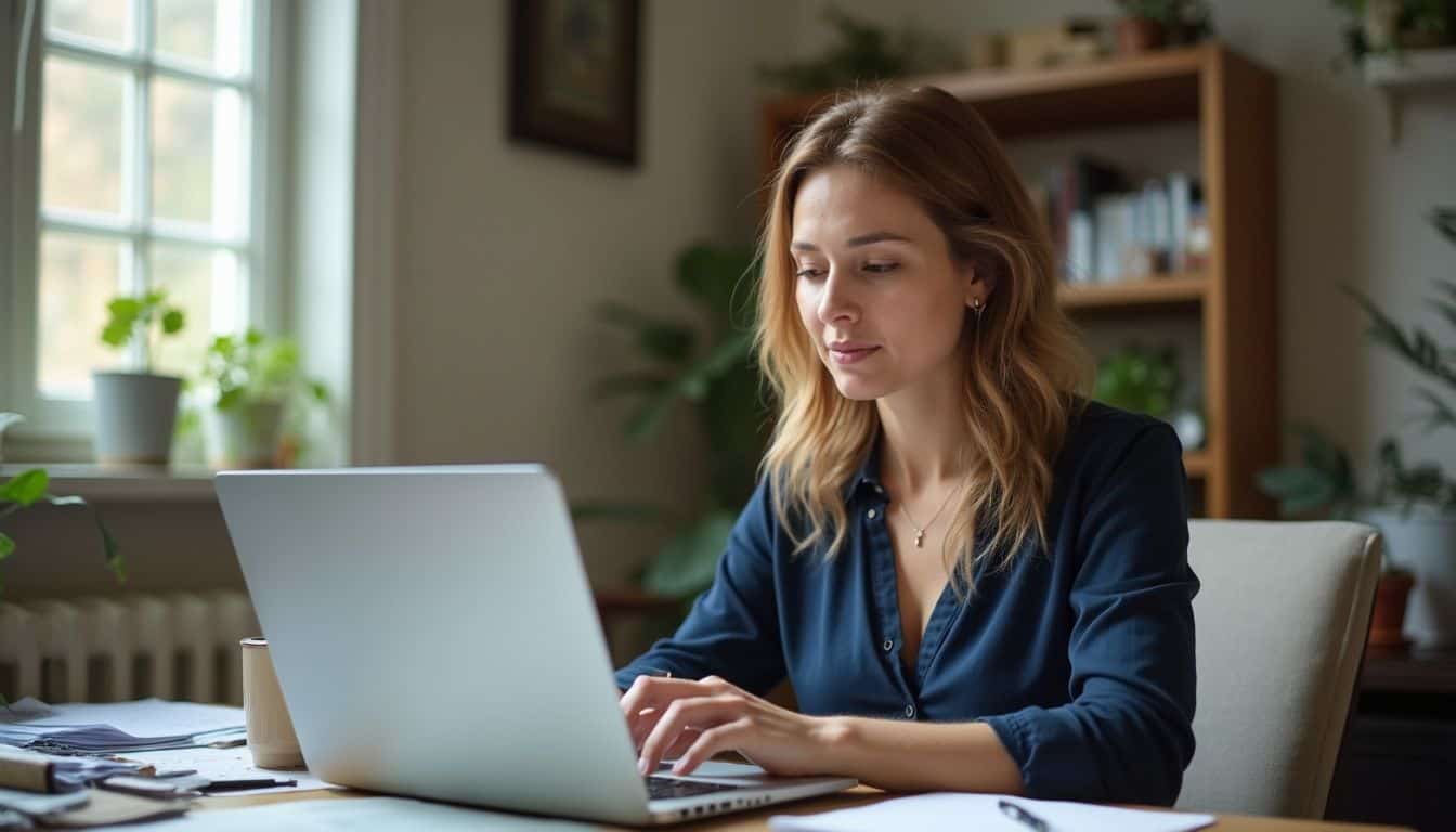 A middle-aged woman attends an online Law and Ethics class in her cluttered home office, exuding quiet determination. Serene woman working on laptop in cozy home office with plants and natural light.