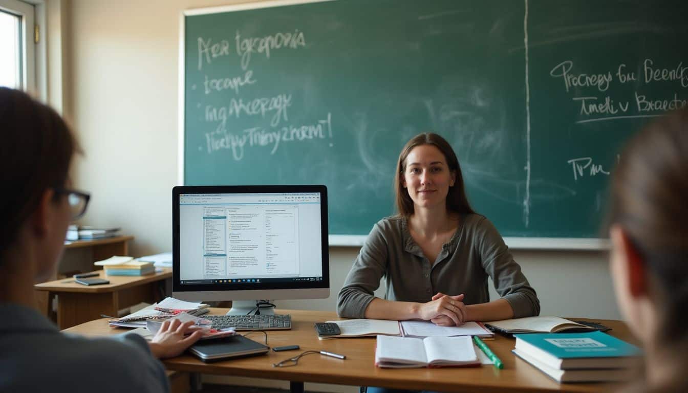 A relaxed individual sits in a cluttered classroom, surrounded by textbooks and notes on family therapy. Teacher giving a classroom lesson with students, blackboard, and educational materials in a school setting.