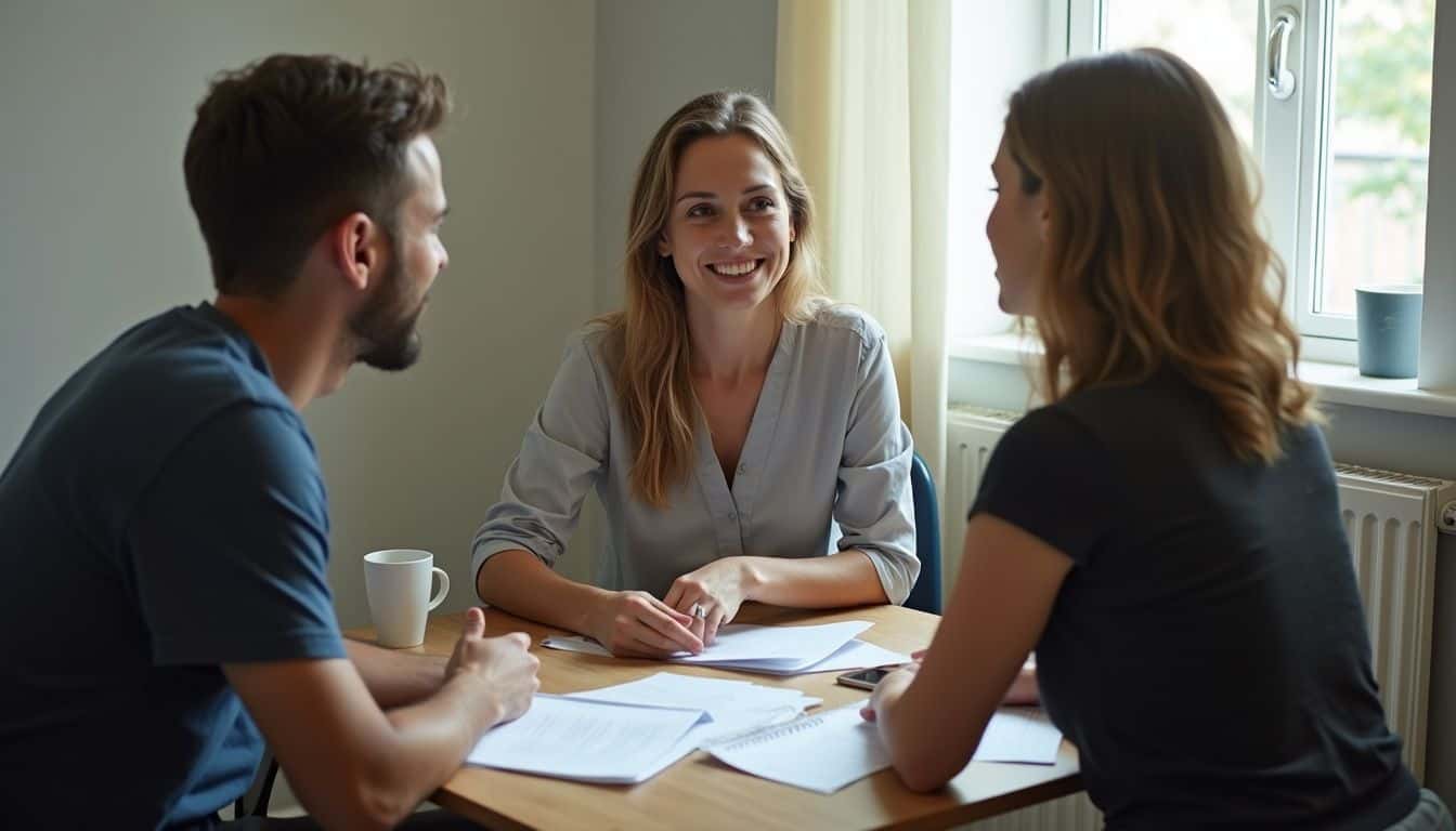 A woman conducts a casual therapy session with a couple in a cluttered, small therapy room. Filename: interview_consultation_maria_jane_doe.jpg.
