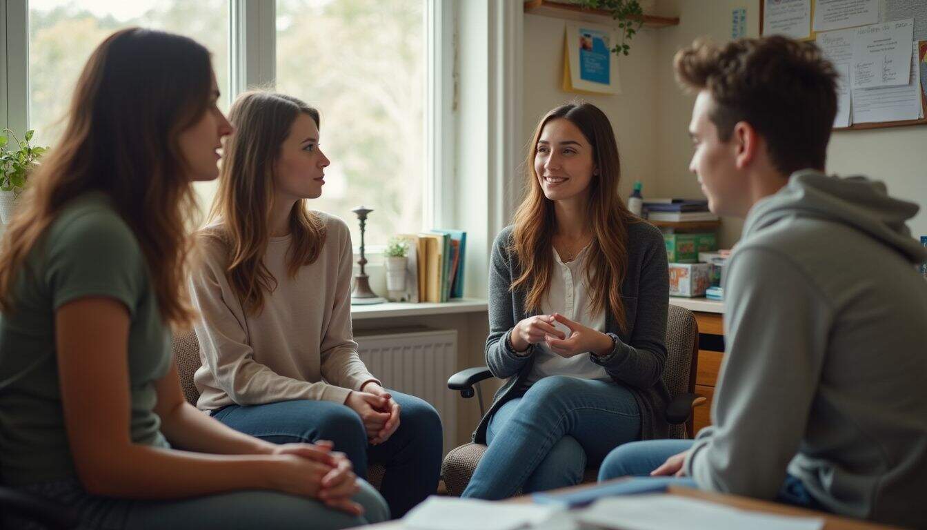 A family therapist converses comfortably with a young couple in a cozy, cluttered office setting. Filename: group-therapy-session-teenagers-cooperating.jpg.