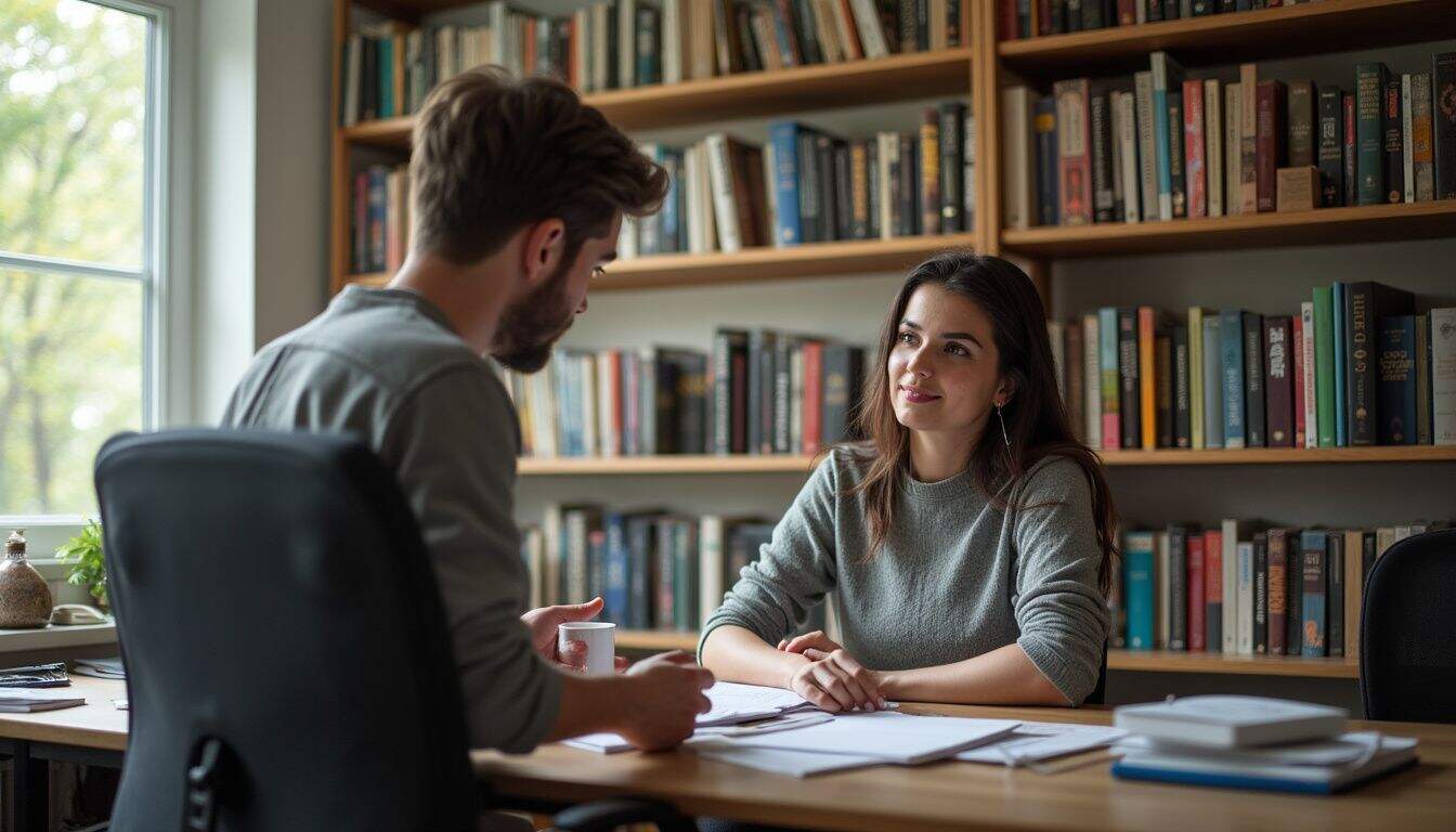 A cozy home office filled with books on therapy and neuropsychology, showcasing everyday life and a relaxed atmosphere. Www.tidbitsofexperience.com, close-up portrait of a woman engaging in a business conversation with a man at an office desk, filled with files and books, natural daylight, professional communication, modern workspace, career development, workplace interaction, mentorship, collaboration.