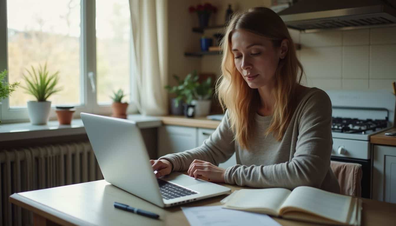 A woman in her 30s works on her laptop at a cluttered kitchen table filled with books and papers. Cozy kitchen scene with a woman working on a laptop at a wooden table, surrounded by potted plants, natural light, and kitchen appliances, evoking home comfort and productivity.