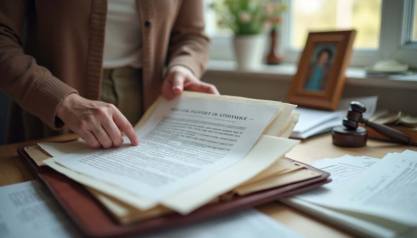 A middle-aged woman organizes important documents on a cluttered desk, highlighting a typical everyday moment. A middle-aged woman organizes important documents on a cluttered desk, highlighting a typical everyday moment.