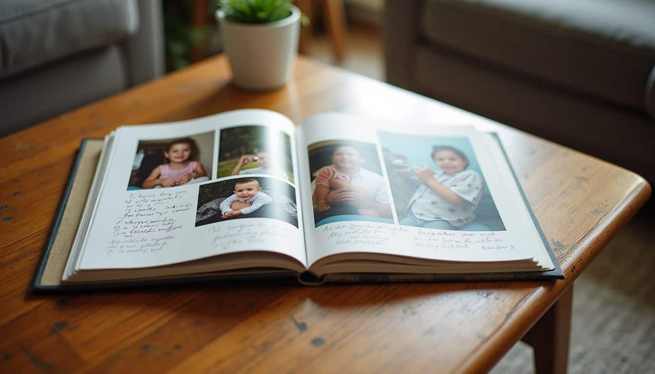A well-used family photo album rests on a coffee table, showcasing candid moments and handwritten notes about cherished memories. A well-used family photo album rests on a coffee table, showcasing candid moments and handwritten notes about cherished memories.