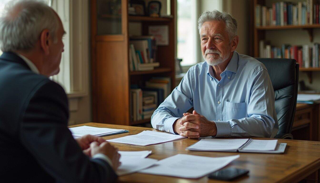 A middle-aged man engages in a casual conversation with an older lawyer at a cluttered wooden table. A middle-aged man engages in a casual conversation with an older lawyer at a cluttered wooden table.