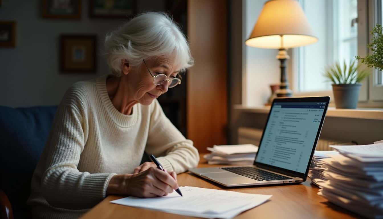 An elderly woman sits at a desk, focused on writing while surrounded by papers and an open laptop. An elderly woman sits at a desk, focused on writing while surrounded by papers and an open laptop.