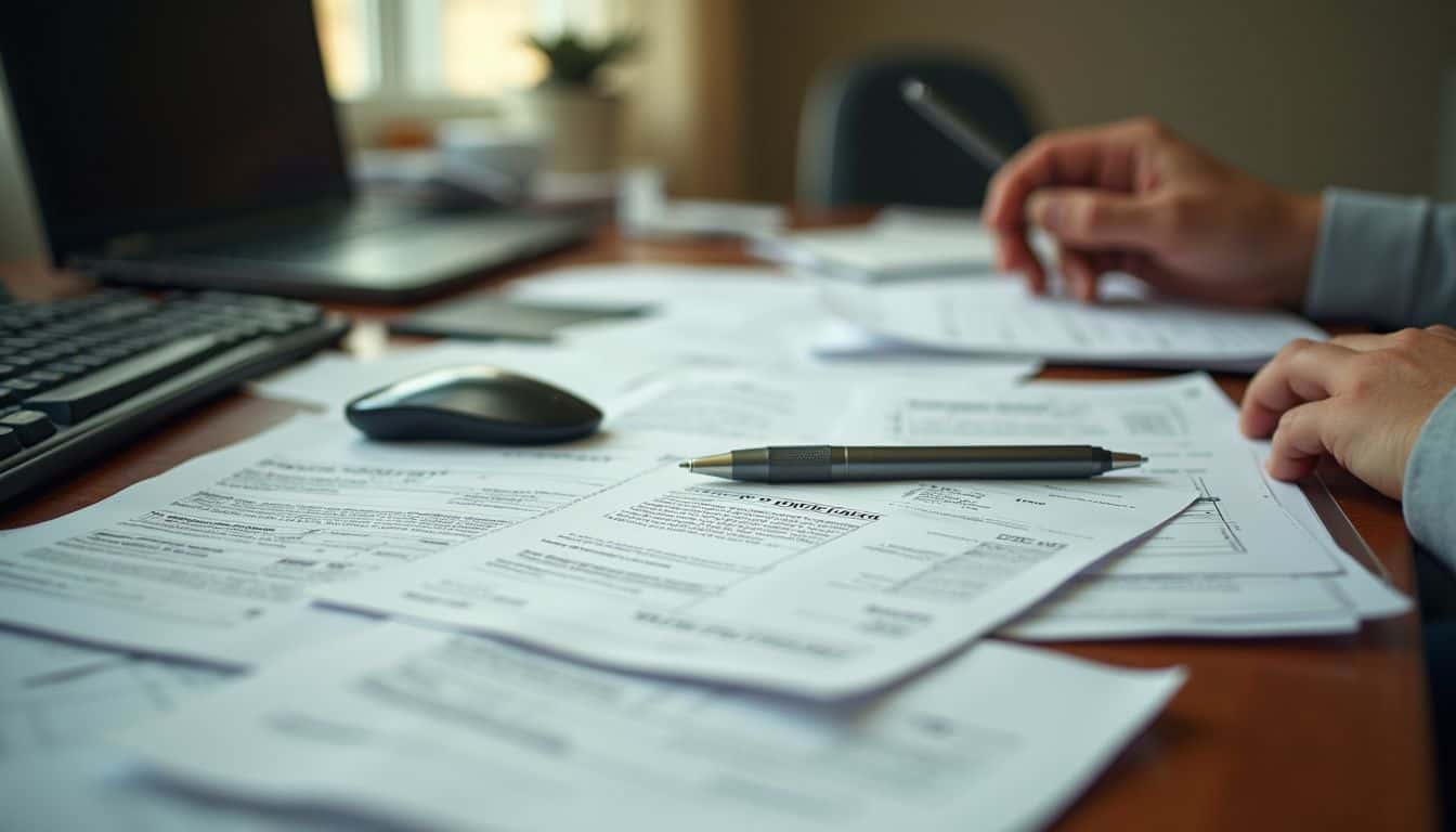 A cluttered home office desk is filled with papers, coffee stains, and a casually engaged person nearby. A cluttered home office desk is filled with papers, coffee stains, and a casually engaged person nearby.