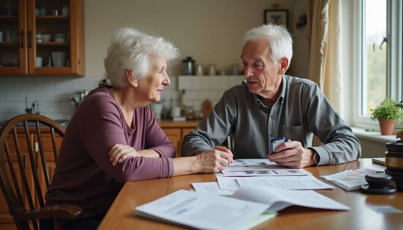 An older couple casually converses at their cluttered dining table, surrounded by pamphlets on legal matters. An older couple casually converses at their cluttered dining table, surrounded by pamphlets on legal matters.