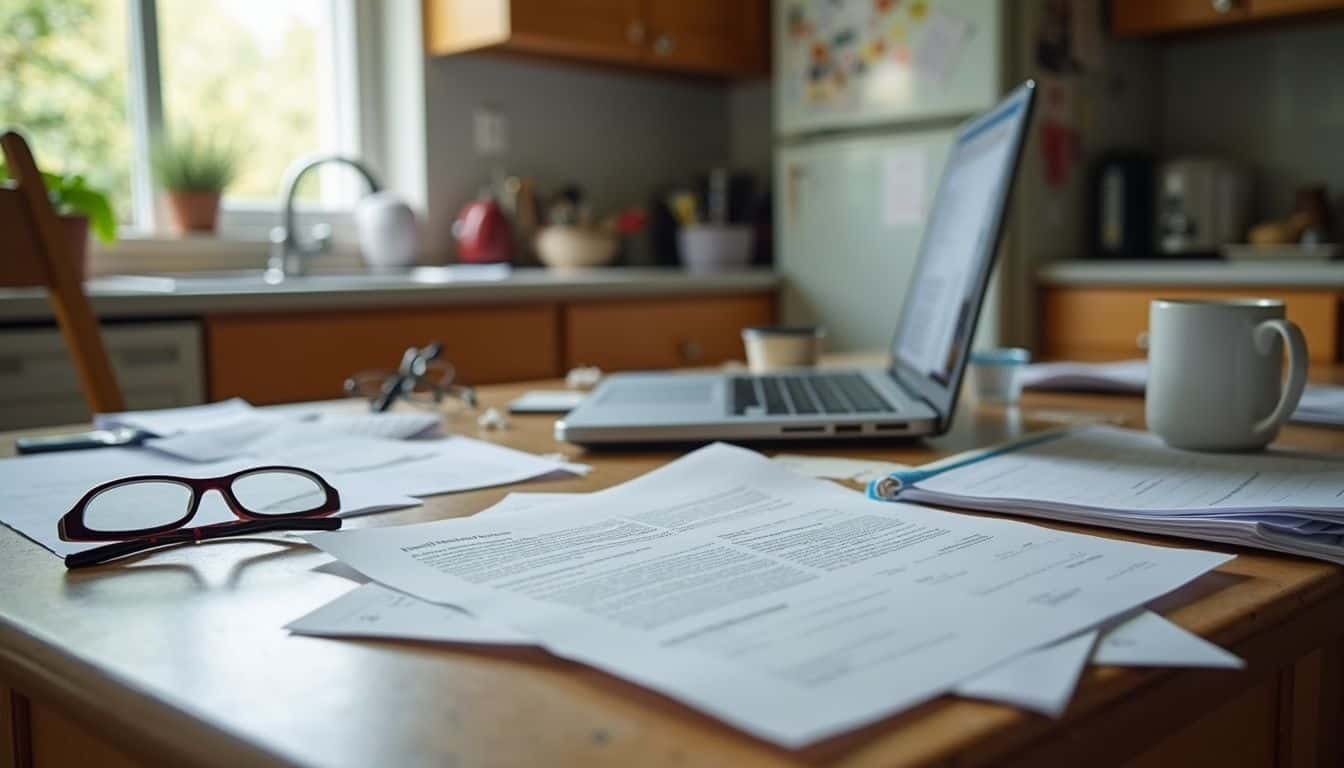 A cluttered kitchen table holds legal documents, a laptop, and personal items, reflecting a busy family environment. A cluttered kitchen table holds legal documents, a laptop, and personal items, reflecting a busy family environment.