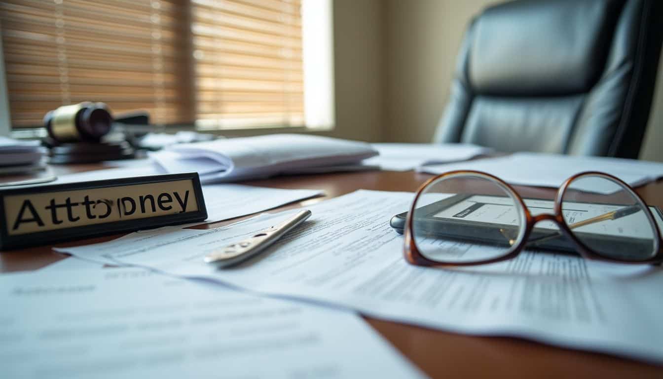 A cluttered attorney's desk with papers, a notary stamp, glasses, and a phone displaying missed calls. A cluttered attorney's desk with papers, a notary stamp, glasses, and a phone displaying missed calls.