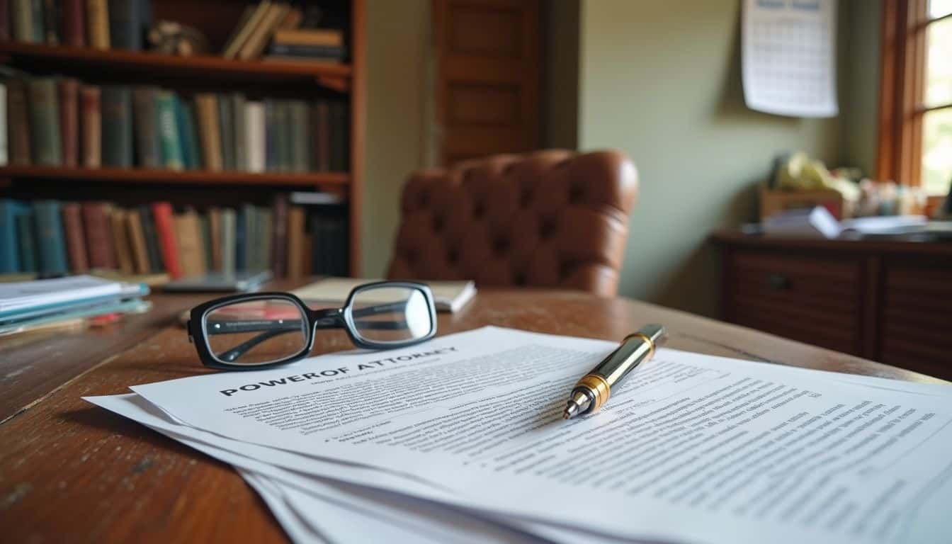 A cluttered wooden desk in a home office features legal papers, a pen, and reading glasses, reflecting a busy atmosphere. Power of attorney document on wooden desk with glasses and pen, legal paperwork, professional legal business concept, office setting with bookshelf and window in background.