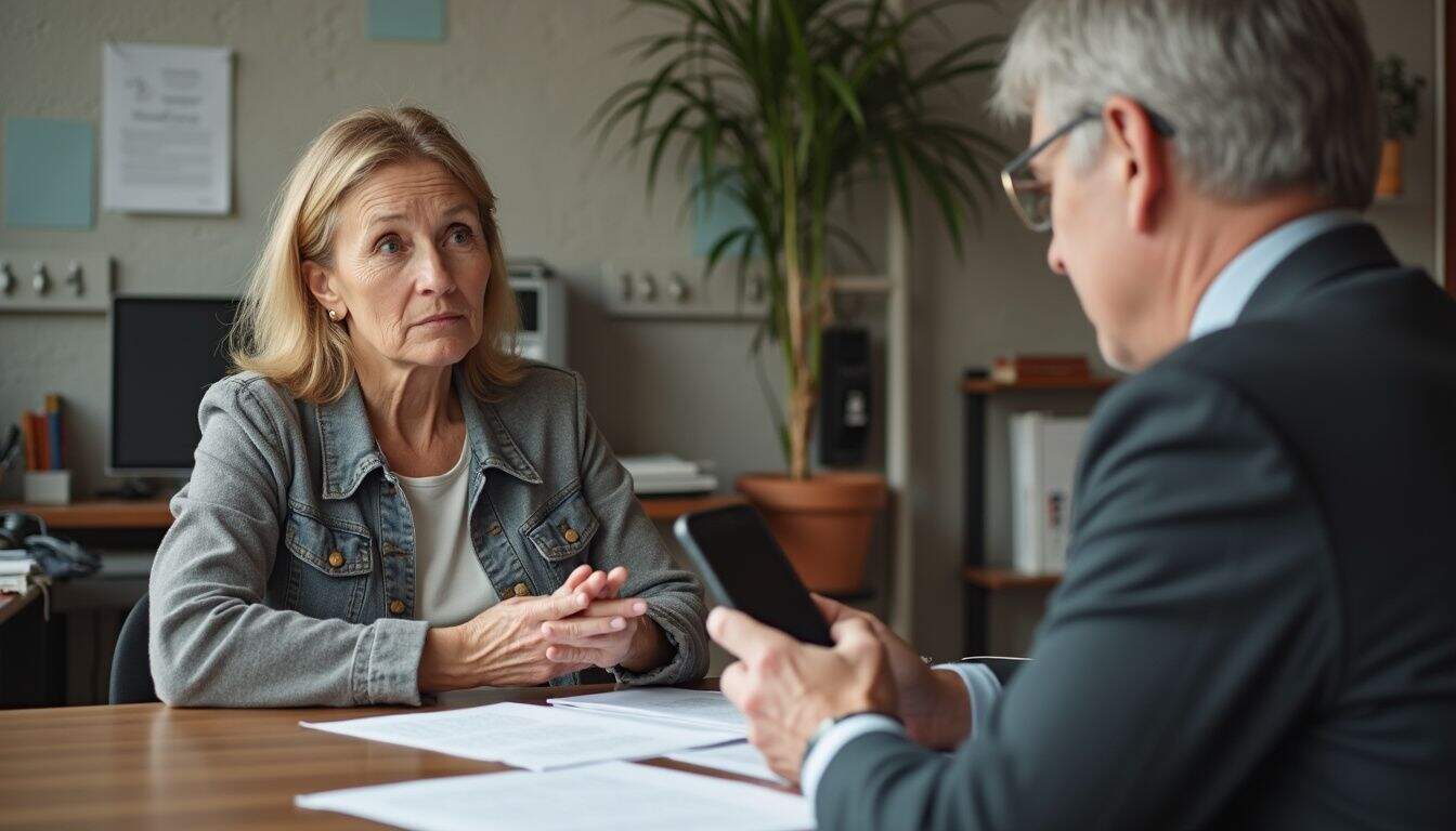 An older attorney discusses legal guardianship with a woman in a cluttered office during a casual conversation. An older attorney discusses legal guardianship with a woman in a cluttered office during a casual conversation.