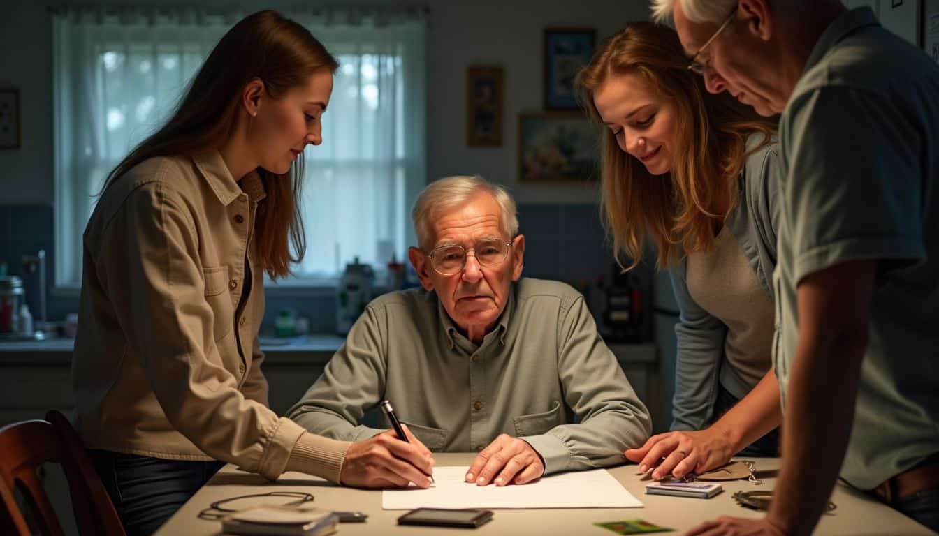 An elderly person signs a document at a cluttered kitchen table while family members observe and assist. An elderly person signs a document at a cluttered kitchen table while family members observe and assist.