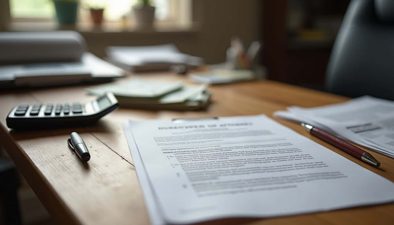 A cluttered home office desk features a legal document, a pen, a calculator, and a pile of bills. Clean and organized home office workspace with documents, calculator, and stationery for professional work and productivity.