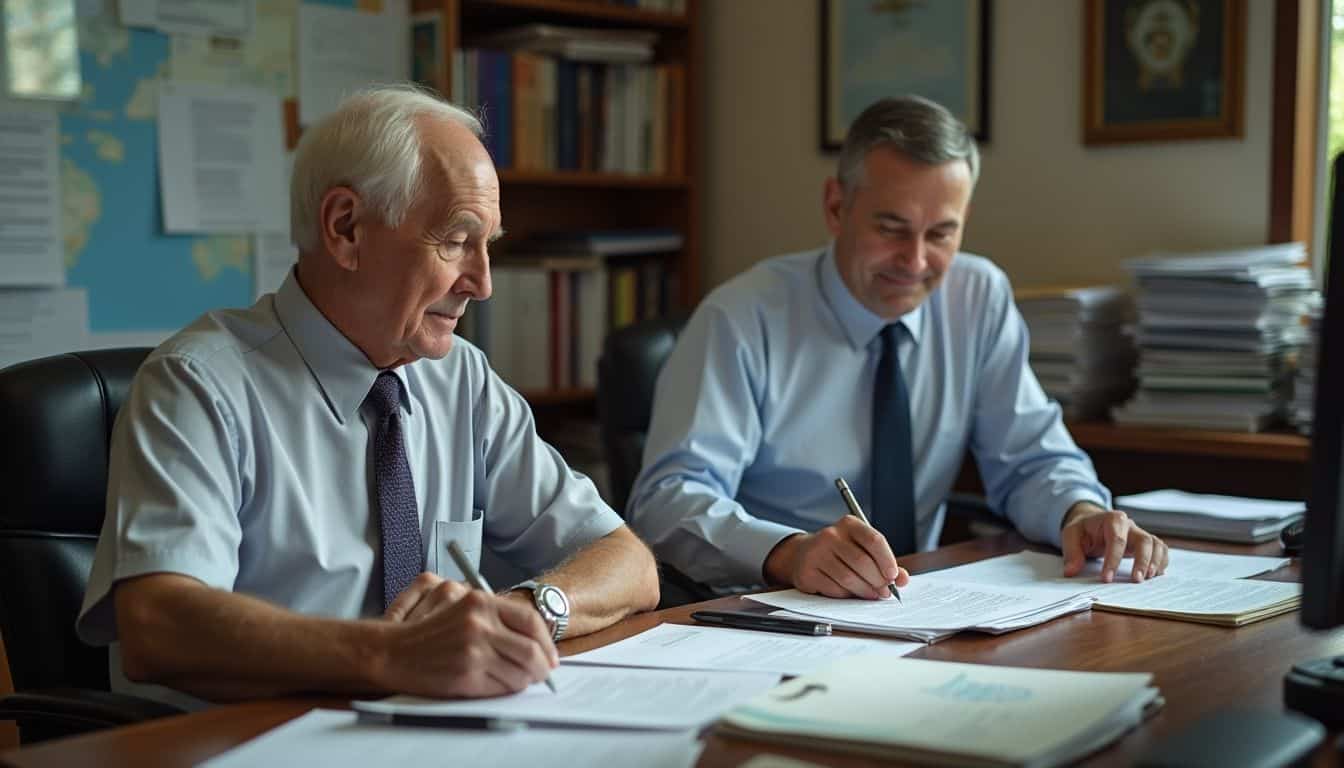 An older man signs documents at a cluttered desk while a lawyer reviews the paperwork beside him. Older man and middle-aged man signing documents in an office setting.