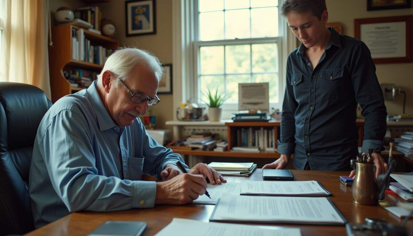 An older man signs documents at a cluttered desk while a notary observes in a modest home office. An older man signs documents at a cluttered desk while a notary observes in a modest home office.