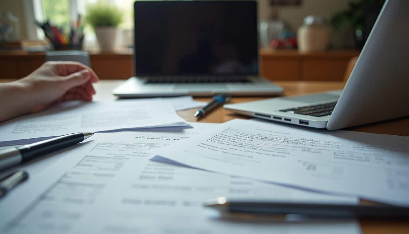 A messy home office desk cluttered with papers, an open laptop, and a person moving nearby. Financial documents and a laptop on a cluttered home office desk, illustrating remote work, financial planning, or document organization for personal or business use.