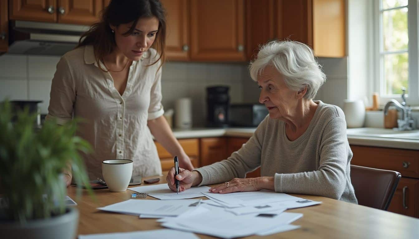 An elderly woman signs a document at a messy kitchen table while her concerned daughter watches nearby. Caregiver and elderly woman discussing papers at kitchen table, home care, senior support, family caregiving, elderly assistance, caregiving in home.