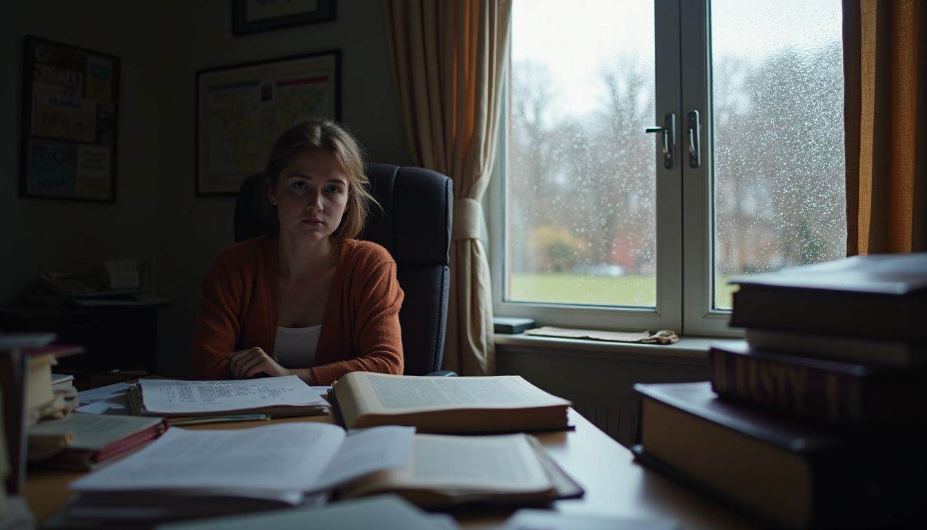 A messy desk with scattered papers and books about guardianship is captured alongside a relaxed person. A messy desk with scattered papers and books about guardianship is captured alongside a relaxed person.