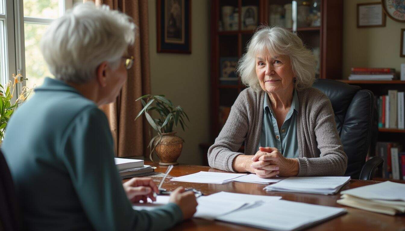 An older woman engages in conversation with an elder law attorney in a cozy, cluttered home office. An older woman engages in conversation with an elder law attorney in a cozy, cluttered home office.