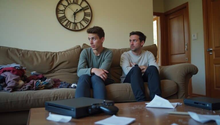Bored young men sitting on sofa after arguments, cozy living room with clutter, TV remote, and papers, illustrating disagreement or frustration at home.