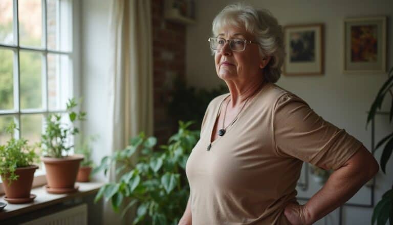 Elderly woman with gray hair and glasses standing indoors near a window with plants, looking thoughtfully outside.