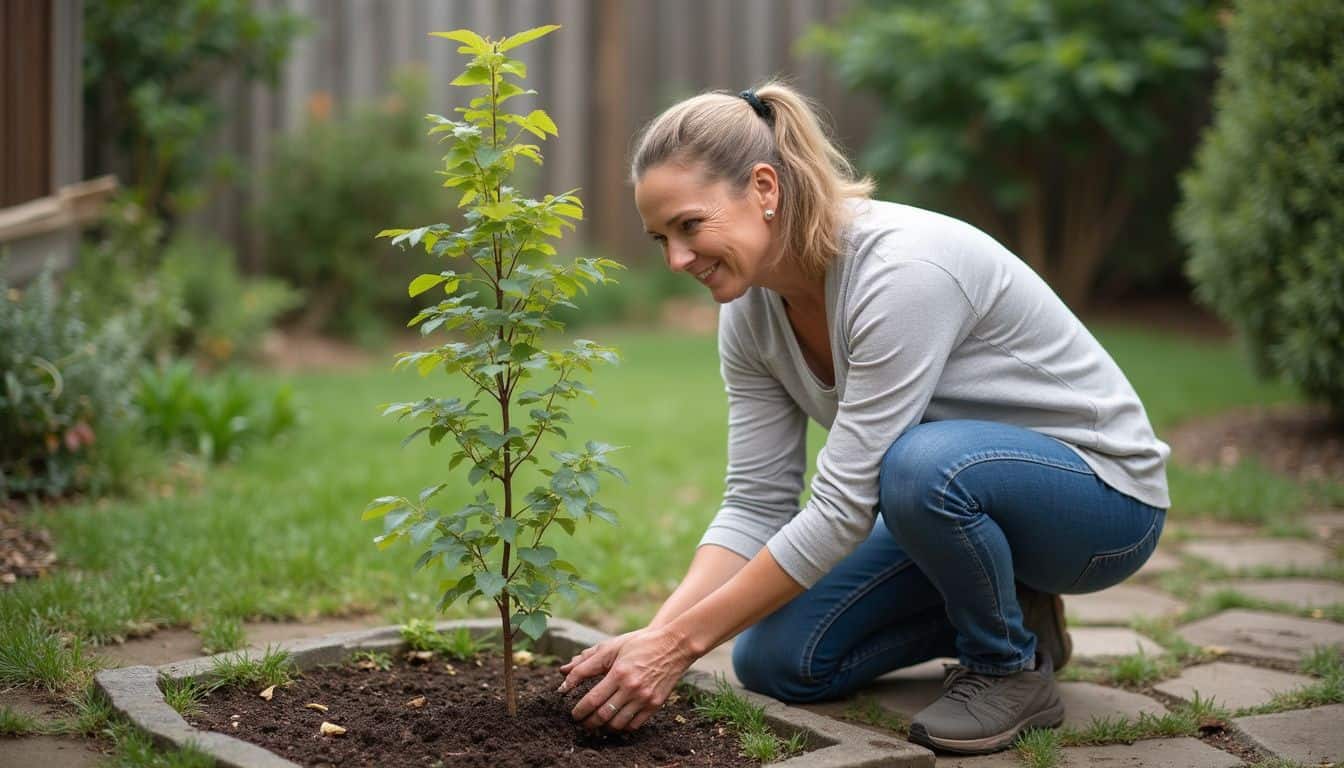 Planting a young tree in a home garden for sustainability and eco-friendly living.
