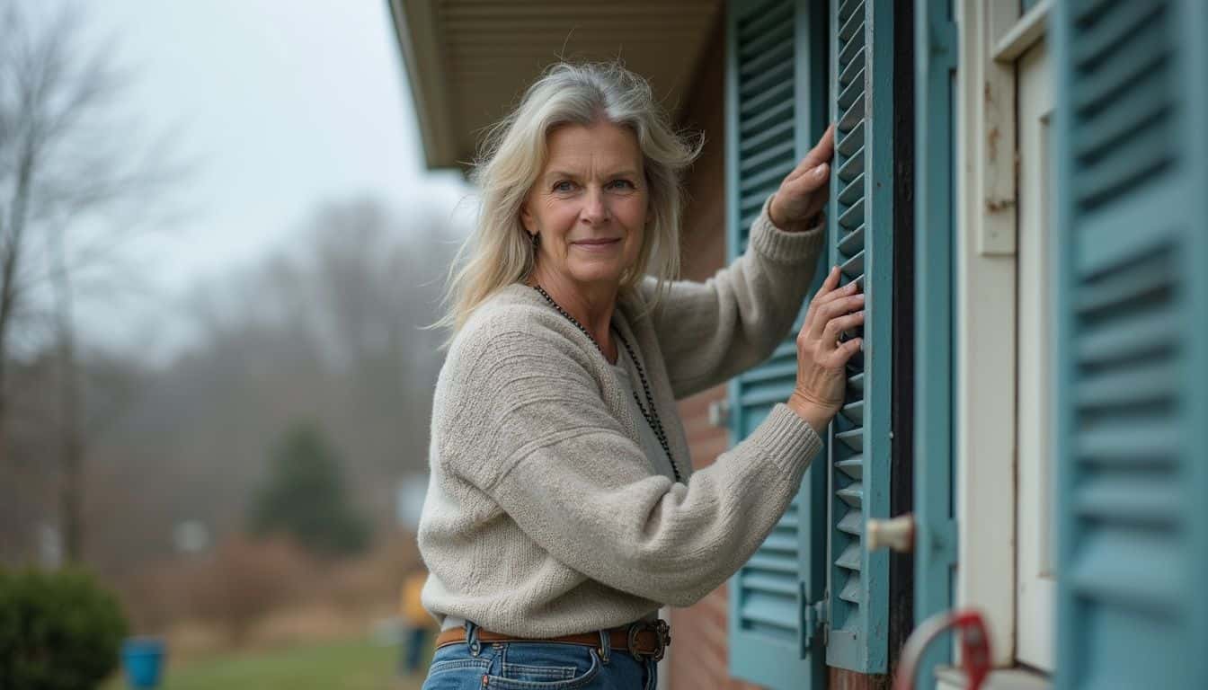 A senior woman opening window shutters on a house exterior on a cloudy day, enjoying the peaceful moment.