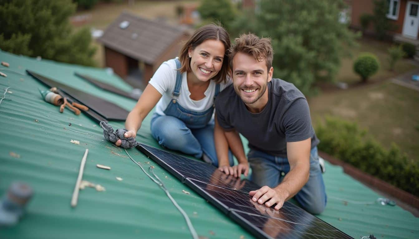 Solar panel installation on green metal roof, couple installing solar panels, renewable energy, eco-friendly home, sustainable living, rooftop solar setup, green energy solutions, home solar power system, renewable energy technology, DIY solar installation.