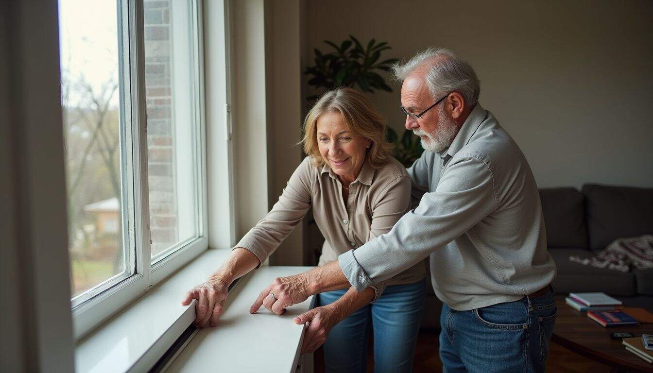 Elderly couple inspecting window at home.