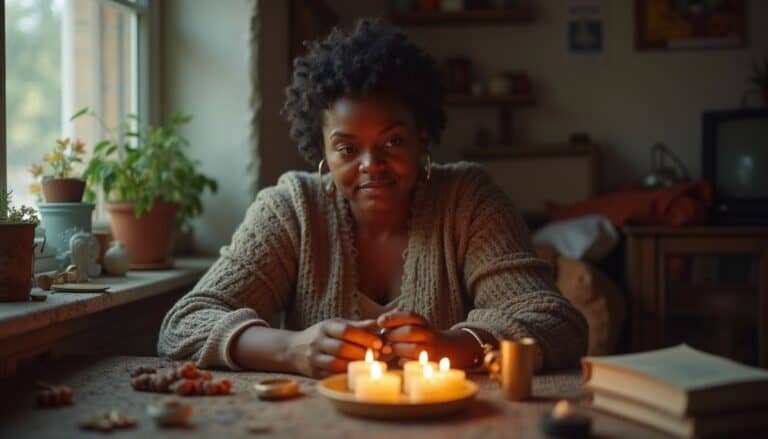 Cozy woman sitting by lit candles on table, autumn indoor scene with houseplants and warm lighting, relaxing and contemplative atmosphere, daily life moments captured in home setting.