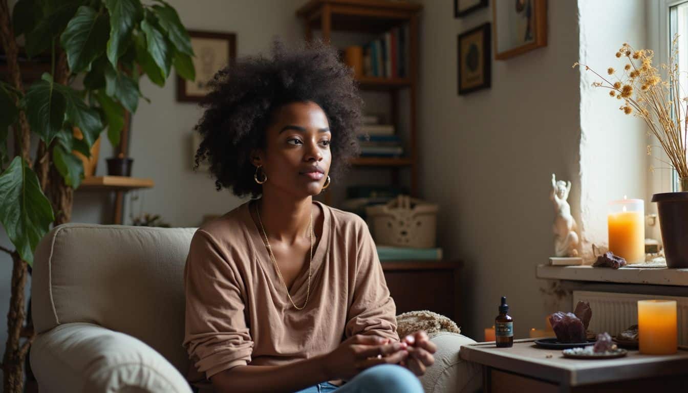 Calm woman practicing meditation in cozy, well-lit room with candles and natural elements, promoting mindfulness and relaxation.