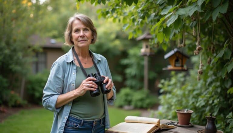 Woman binoculars birdwatching in lush green garden with birdhouses and open book, outdoor nature birdwatching, tranquility, gardening, outdoor leisure activities, natural environment, peaceful retreat.
