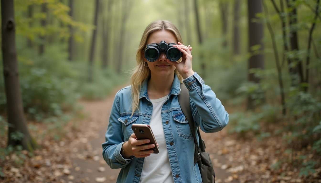 A casually dressed woman in her 40s examines birds with binoculars while holding a notebook and smartphone in a forest clearing. Bright female traveler using binoculars and smartphone in lush forest during daytime, exploring nature, adventure, outdoor activity, and wildlife observation.