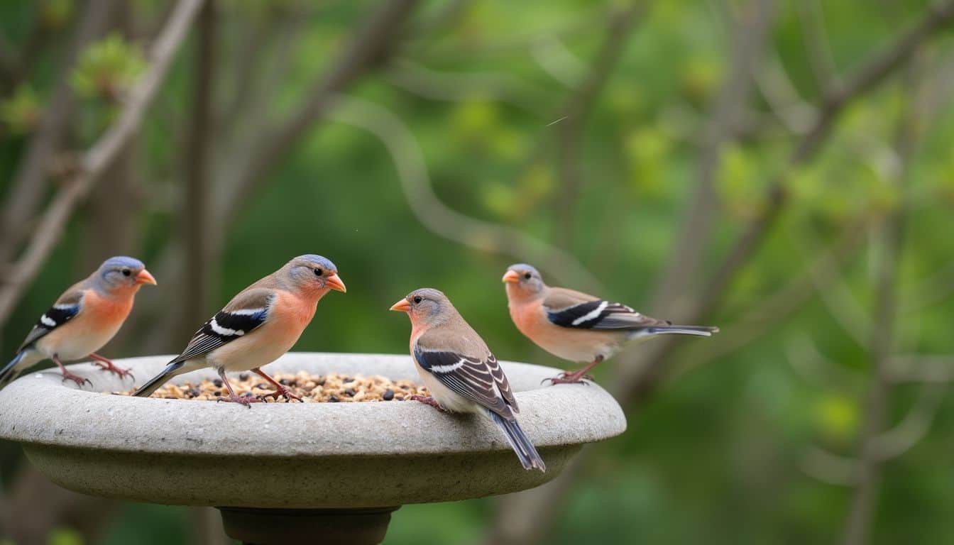 A charming backyard scene featuring colorful birds at feeders and a birdbath amidst swaying trees. Sunny backyard bird feeder attracting colorful finches, providing a peaceful garden scene of birdwatching and nature enjoyment.