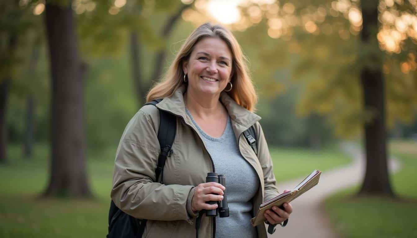 A woman in her mid-40s enjoys birdwatching in a tranquil park, holding binoculars, a field guide, and a notebook. Woman hiking outdoors with binoculars and notebook, autumn park scene, exploring nature, travel, adventure, outdoor activities, scenic landscape, leisure, walking, nature photography, hiking gear.