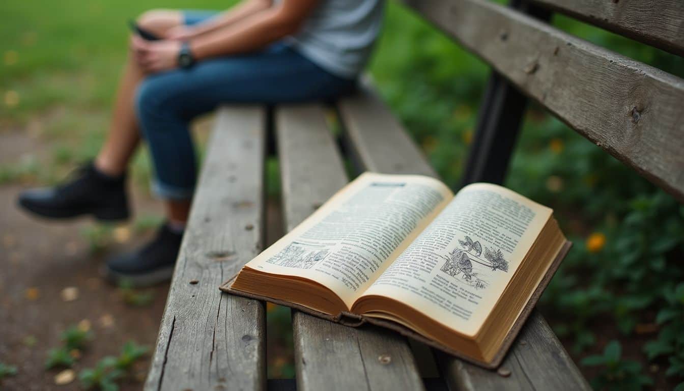 A birding guidebook rests on a worn wooden bench in a casual park setting, hinting at recent use. A open book resting on a wooden park bench with a person sitting nearby, blurred background of greenery, capturing a peaceful reading moment outdoors.