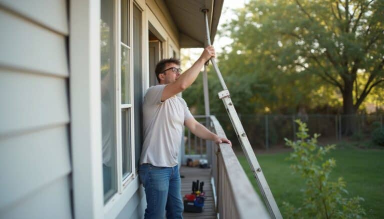 Cleaning gutters on house with ladder and tools, outdoor home maintenance, seasonal gutter cleaning, professional house care.