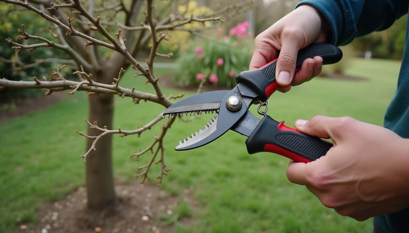 A person uses pruning shears to trim thin tree branches in a casual, unkempt yard. Pruning tree branches with hedge shears in a garden, promoting healthy growth.