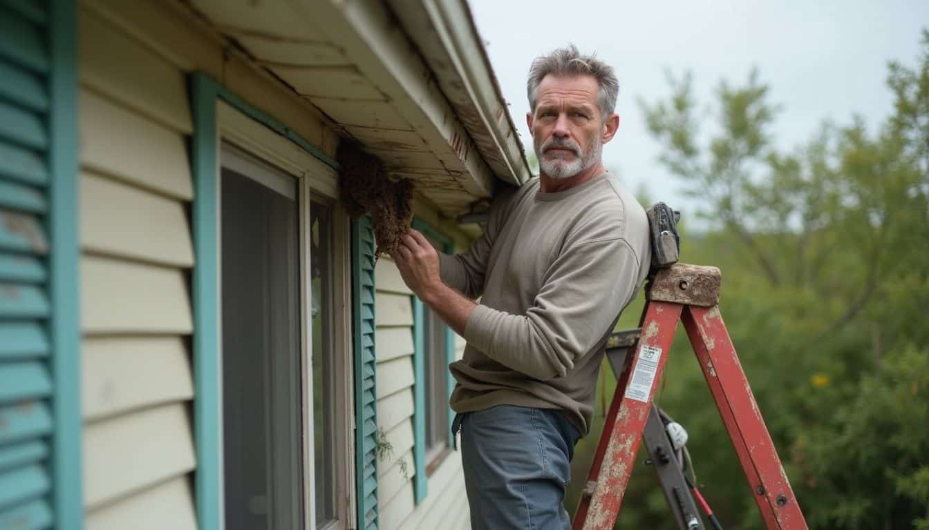 A middle-aged man cleans his suburban home's gutters, surrounded by tools and showing signs of wear. Cracks in house siding with man inspecting and repairing, showing home maintenance and exterior renovation.
