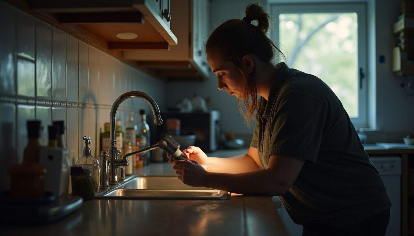 A person in their 30s checks for leaks under a cluttered kitchen sink with a flashlight. - Young woman examining a spice jar in a cozy, well-lit kitchen with natural sunlight streaming through the window.