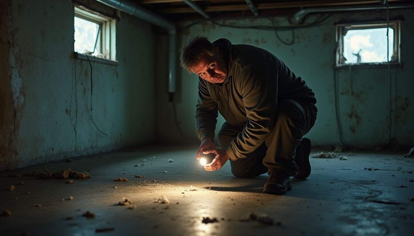 A mid-40s man inspects a soft spot in a messy basement while holding a flashlight. Mysterious man exploring abandoned basement with flashlight, discovering hidden details in a neglected space.