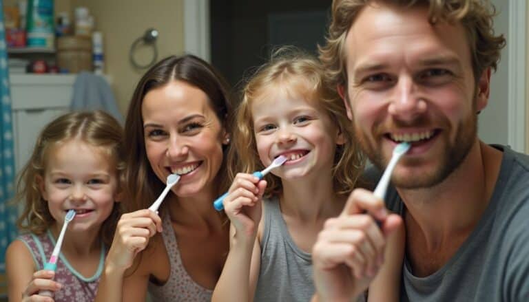 Family brushing teeth together at home, healthy dental hygiene, kids and adults practicing oral care, dental health routine for families, oral hygiene habits for children and adults.